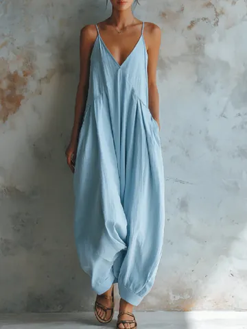 Women Deep V Neck Spaghetti Strap Jumpsuit French Lazy Style Loose Lantern Pants Summer Casual Vacation Solid Color Harem Romper