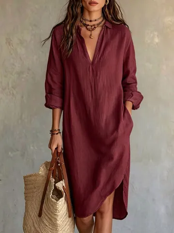 Vestido Camisero Holgado de Estilo Francés para Mujer Manga Larga Cuello en V Profundo Abertura Lateral Vestido Midi Color Sólido Poliéster Ropa de Playa Vacaciones