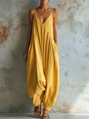 Women Deep V Neck Spaghetti Strap Jumpsuit French Lazy Style Loose Lantern Pants Summer Casual Vacation Solid Color Harem Romper
