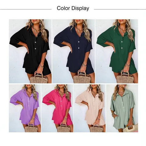 Women Summer Casual Loose Romper Short Sleeve Button Lapel Collared Jumpsuit With Pockets Vacation Fashion Streetwear One Piece