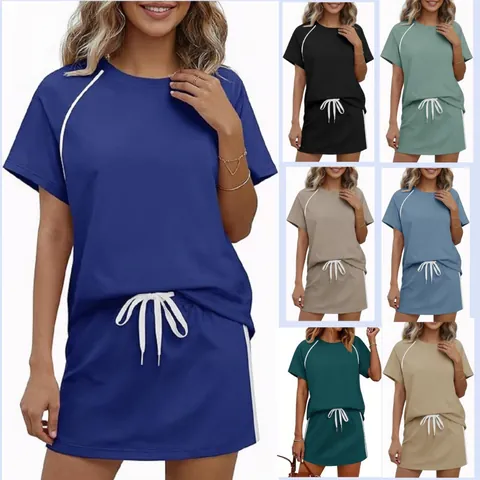 Women's Casual Sporty Top And Bottom Set Round Neck Short Sleeve Striped T-Shirt With Drawstring Mini Skirt Summer Outfit