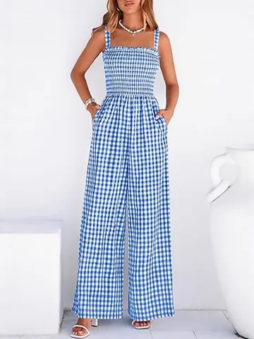Retro Gingham Gesmokte Jumpsuit Voor Dames Zomer Mouwloos Spaghettibandjes Wijde Pijpen Jumpsuit Rugloos Artistiek Geblokt