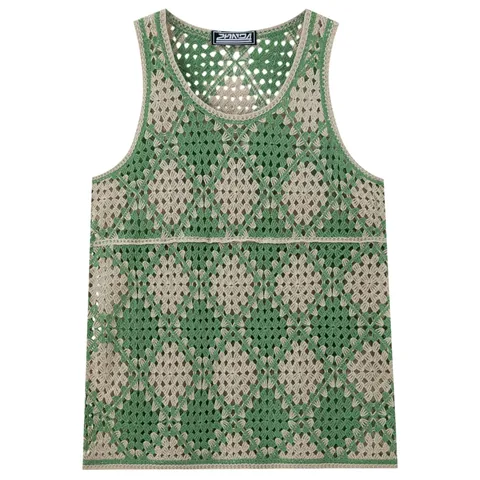 Men Retro Argyle Hollow Out Crochet Knit Vest Sleeveless V-Neck Color Block Casual Streetwear Acrylic Sweater Top For Men