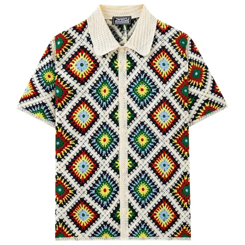 Men's Vintage Crochet Knit Polo Shirt Retro Argyle Hollow Out Short Sleeve Cardigan Knitwear Casual Resort Style Top