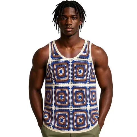Men Vintage Granny Square Jacquard Knitted Vest Sleeveless Casual Crochet Tank Top Royal Blue Geometric Summer Top