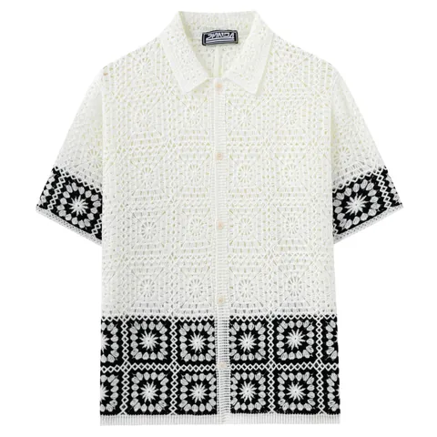 Men's Casual Crochet Polo Shirt Short Sleeve Contrast Color Hollow Out Knitted Cardigan Acrylic Summer Top For Men