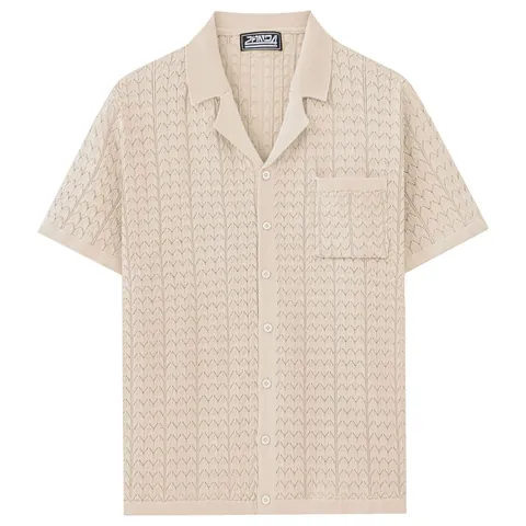 Men's Viscose Knit Polo Shirt Cuban Collar Short Sleeve Button Up Cardigan Casual Solid Color Breathable Top