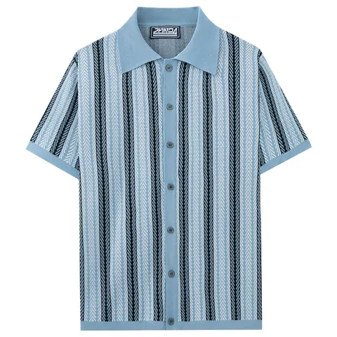 Men Knitted Jacquard Polo Cardigan Casual Business Short Sleeve Viscose Striped Knit Shirt Top