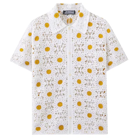 Heren Vakantie Stijl Madeliefje Jacquard Opengewerkt Gebreid Poloshirt Zomer Casual Korte Mouw Top met Knopen Wit Geel