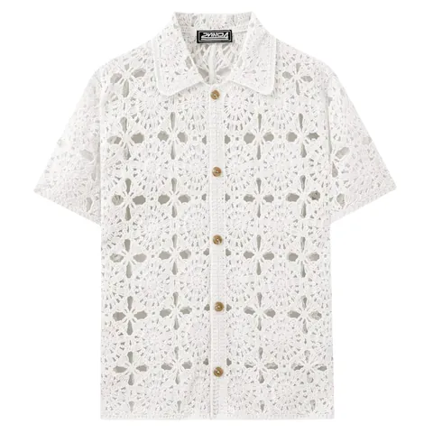 Men Crochet Hollow Out Polo Shirt Short Sleeve Lapel Cardigan Knitwear Casual Resort Style Acrylic Knit Shirt For Summer