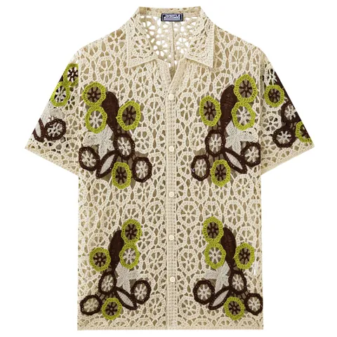 Polo en Tricot Ajouré au Crochet Rétro pour Hommes à Manches Courtes Cardigan Jacquard en Acrylique Top Bohème Décontracté d'Été