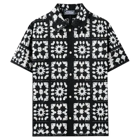 Heren Retro Etnische Stijl Opengewerkt Haken Gebreid Poloshirt Korte Mouw Vintage Patchwork Casual Zomer Breigoed Top SJ0005