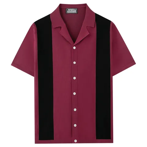 Polo de Punto Casual para Hombre Manga Corta Cuello Camp a Rayas Viscosa con Botones Camisa de Punto Retro Top