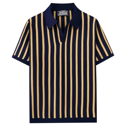 Men Business Casual Knitted Striped Polo Shirt Short Sleeve Viscose Pullover Summer Vertical Stripe V Neck Polo Top
