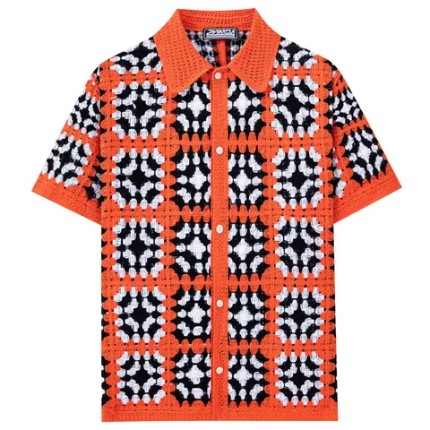 Men's Vintage Checkered Crochet Hollow-out Knit POLO Shirt Summer Casual Short Sleeve Button-Down Cardigan Top Acrylic Sweater