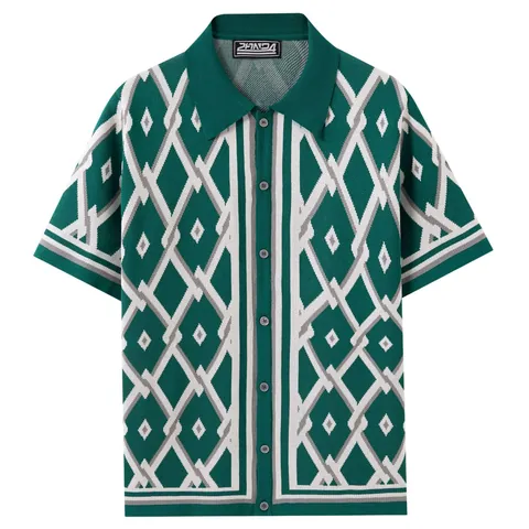 Men's Geometric Jacquard Knit Polo Shirt Short Sleeve Button Up Cardigan Viscose Summer Casual Western Style Top
