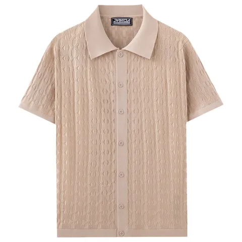 Men Wavy Jacquard Knit Polo Shirt Short Sleeve Button Down Cardigan Top With Lapel Viscose Casual Breathable Polo Shirt