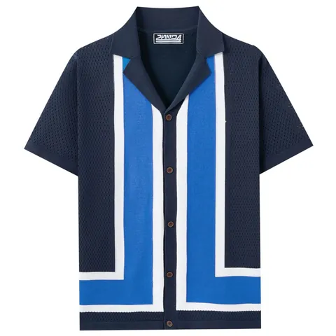 Men's Retro Cuban Collar Knit Polo Shirt Geometric Color Block Hollow Out Short Sleeve Cardigan Business Casual Top