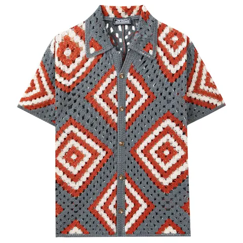 New Men Hollow Out Crochet Short Sleeve Knit Shirt Casual Button Down Jacquard Polo Shirt Argyle Retro Vacation Top