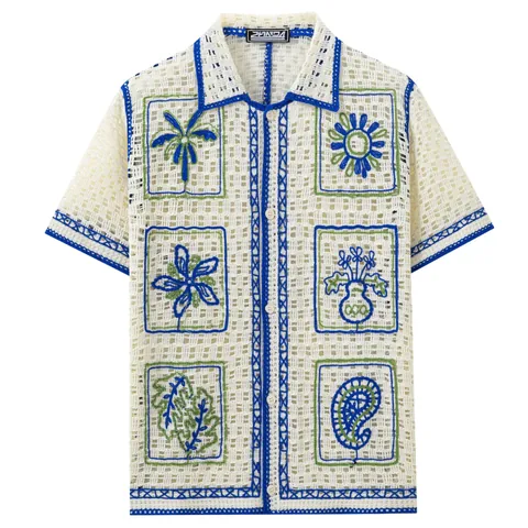 Heren Vakantiestijl Opengewerkt Gebreid Poloshirt Zomer Casual Korte Mouw Vest Met Tropische Planten Borduursel Top