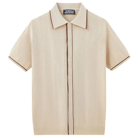 Men Summer Hollow Knit Cardigan Short Sleeve Polo Shirt Contrast Topstitch Lapel Button Up Viscose Knitted Casual Top