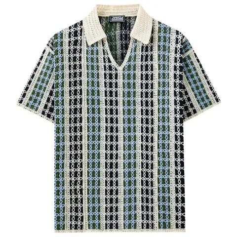 Men American Vintage Striped Crochet Knit Polo Shirt Loose Drop Shoulder Summer Casual Short Sleeve Hollow Out Knitted Top