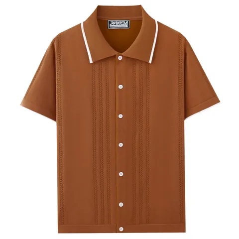 Polo Homme Business Casual en Viscose Tricoté Manches Courtes Cardigan à Boutons Haut d'Été Couleur Unie Mode Classique Tricots