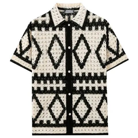 Men's Retro Argyle Crochet Hollow Knit Polo Shirt Short Sleeve Button Down Top Acrylic Casual Summer Beachwear Shirt