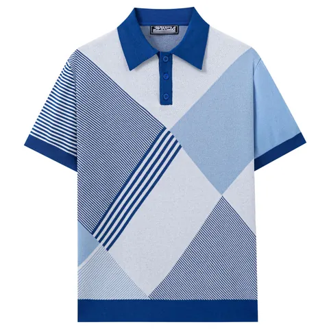 Men's Argyle Color Block Viscose Knit Polo Shirt Business Casual Short Sleeve Lapel Top Geometric Jacquard Summer Knitwear
