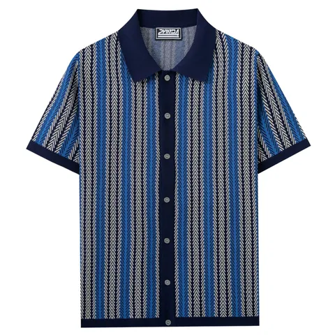 Men's Vintage Striped Jacquard Knitted Polo Shirt Casual Business Button Down Cardigan Short Sleeve Summer Top For Men