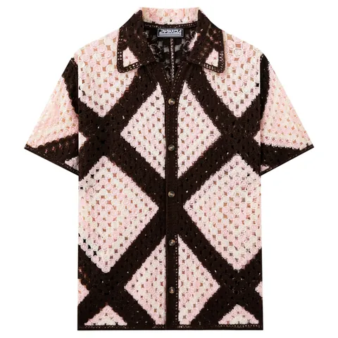 Polo en Maille à Manches Courtes Crochet Ajouré pour Hommes Motif Argyle Contrasté Cardigan Haut Décontracté Rétro