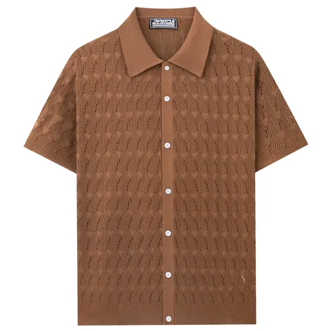 Men's Summer Hollow Out Diamond Jacquard Knit Polo Shirt Short Sleeve Button Down Casual Cardigan Breathable Viscose Top