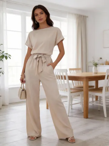 Women's Casual Polyester Two Piece Set Short Sleeve Round Neck Top And High Waist Wide Leg Pants With Lace-Up Bow Beige Loungewear