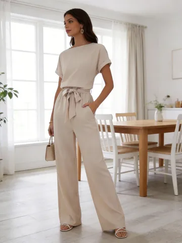 Women's Casual Polyester Two Piece Set Short Sleeve Round Neck Top And High Waist Wide Leg Pants With Lace-Up Bow Beige Loungewear