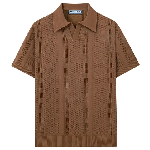 Men's Casual Hollow Out Knitted Polo Shirt Solid Color Lapel Short Sleeve Viscose Knitwear Top Fashion Breathable Shirt