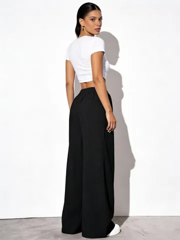 Women Plus Size High Waisted Wide Leg Pants Textured Loose Solid Black Floor Length Casual Trousers Straight Leg Bottoms