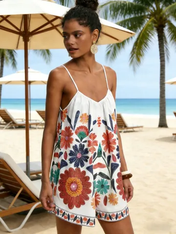 Women Elegant Bohemian Floral Embroidered V Neck Camisole Mini Dress Loose Fit Summer Beach Resort Style Strappy Sundress