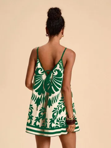 Women's Elegant Polyester Floral Print Romper Summer Vacation Spaghetti Strap Backless Loose Fit Top And Bottom Beach Jumpsuit