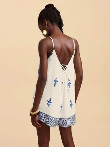 Mono de Mujer Boho con Flores Bordadas Elegante Vestido Mono Sin Mangas con Espalda Descubierta Ropa de Vacaciones Playa Top And Bottom