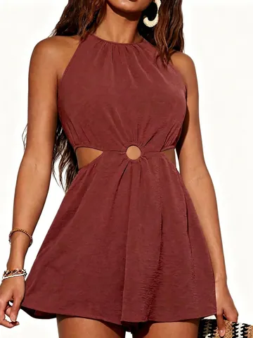 Tuta da Donna Halter Neck Senza Maniche con Cutout e Dettaglio Anello Tinta Unita A-Line Mini Jumpsuit Vestito Estate Spiaggia Vacanza