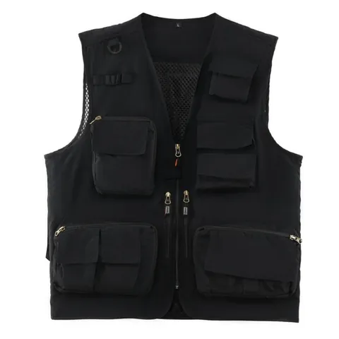 Men's Multi-Pocket Utility Vest Outdoor Fishing Photography Cargo Jacket Mesh Lining V Neck Zip Up Waistcoat Top