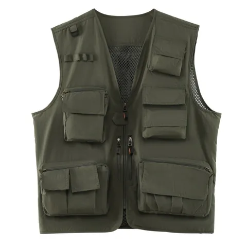 Men's Multi-Pocket Utility Vest Outdoor Fishing Photography Cargo Jacket Mesh Lining V Neck Zip Up Waistcoat Top