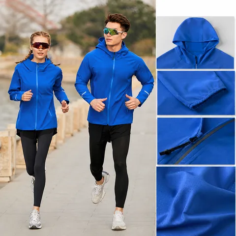 Veste Coupe-vent de Sport à Capuche Réfléchissante Imperméable Doublée de Polaire Respirante de Course Top Homme Femme