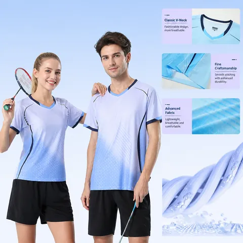 Professional Quick Dry Badminton Sportswear Top And Bottom Set Short Sleeve V Neck Ice Silk Tennis Outfit For Women Men