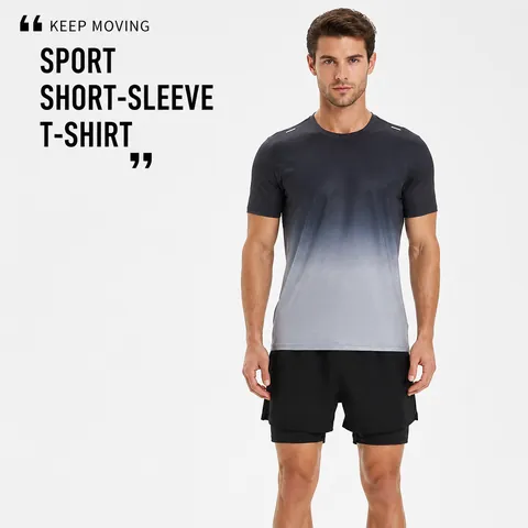 Men's Quick-Drying Sports Suit Gradient Ice Silk T-Shirt and Shorts Top And Bottom Athletic Workout Training Wear