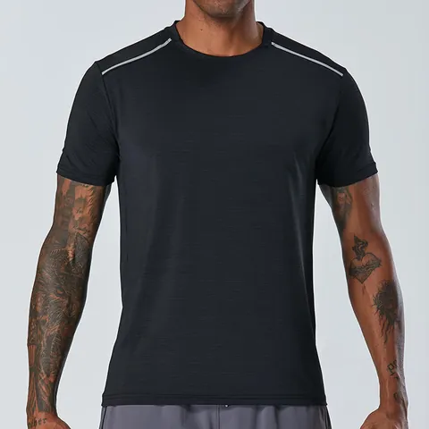 Men Sport T-Shirt Quick Dry Breathable Polyester Fitness Gym Running Short Sleeve Top Solid Color Reflective Athletic Apparel