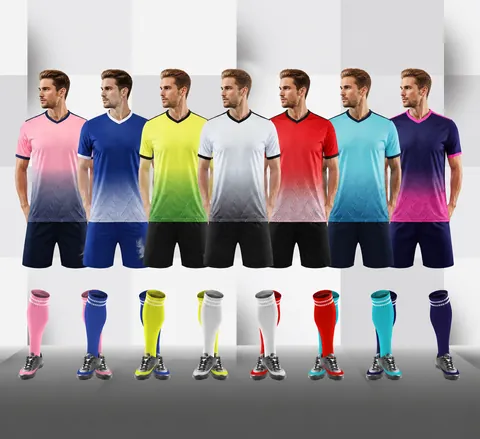 Men Boys Soccer Uniform Set Breathable Polyester Gradient Printed V-Neck Short Sleeve Jersey and Shorts Training Suit