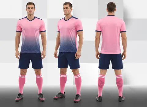 Men Boys Soccer Uniform Set Breathable Polyester Gradient Printed V-Neck Short Sleeve Jersey and Shorts Training Suit
