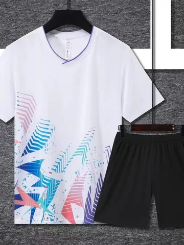 Professional Badminton Shirt Quick Dry Breathable Sports Training Top For Men Women Kids Geometric Printed V-Neck Short Sleeve Athletic Top