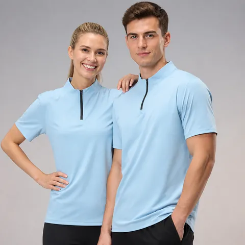 Camiseta Deportiva de Secado Rápido de Seda de Hielo para Hombre y Mujer con Media Cremallera Cuello Alto Manga Corta Top Deportivo